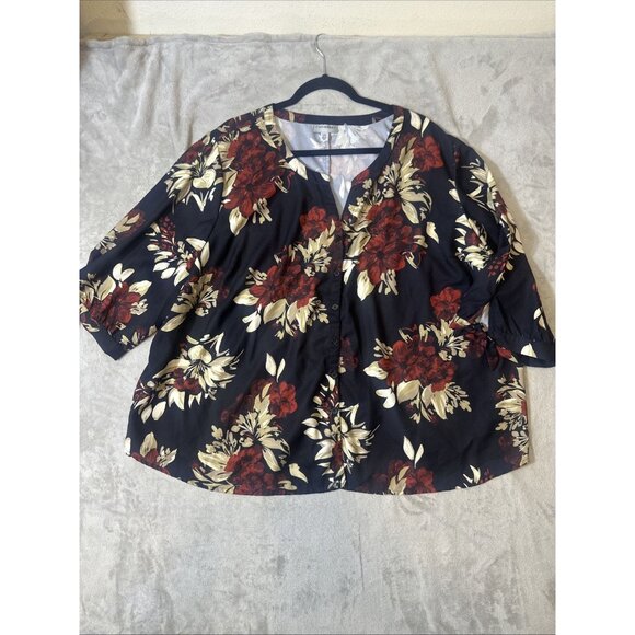 Catherines 3XWP Blouse Black Red Gold Floral Button Front 3/4 Sleeve Plus Top - Picture 2 of 7
